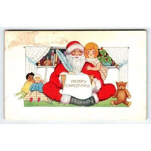 Vintage Christmas Santa Claus Postcard with Children and Toys 1912